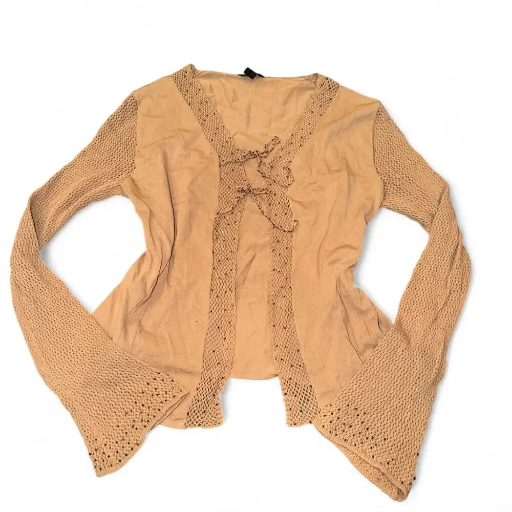2000s Boho Fairy Tan Beaded Crochet Bell Sleeve Tie Front Blouse Cardigan Size M